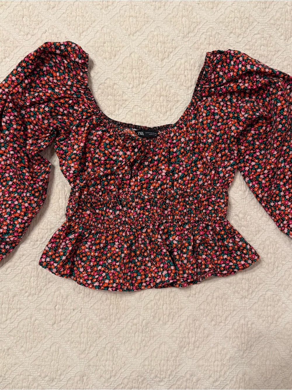 Zara Black Floral Smocked Peplum Blouse with Puff Sleeves
